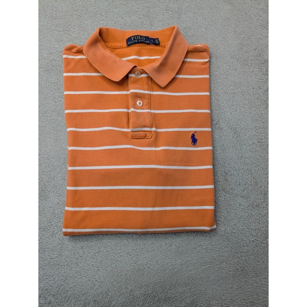 Polo Ralph Lauren Men's Size Large Orange White Stripe Classic Fit Polo Shirt